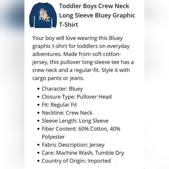 Toddler Boys Crew Neck Long Sleeve Bluey Graphic T-Shirt - Picture 3 of 3
